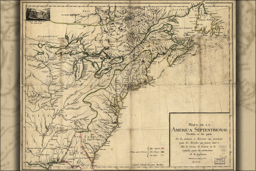 24"x36" Gallery Poster, map north america united states 1755 in spanish