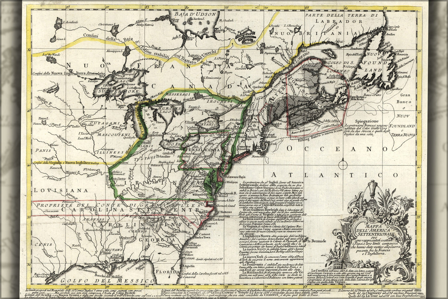 24"x36" Gallery Poster, map north america united states 1758 in italian