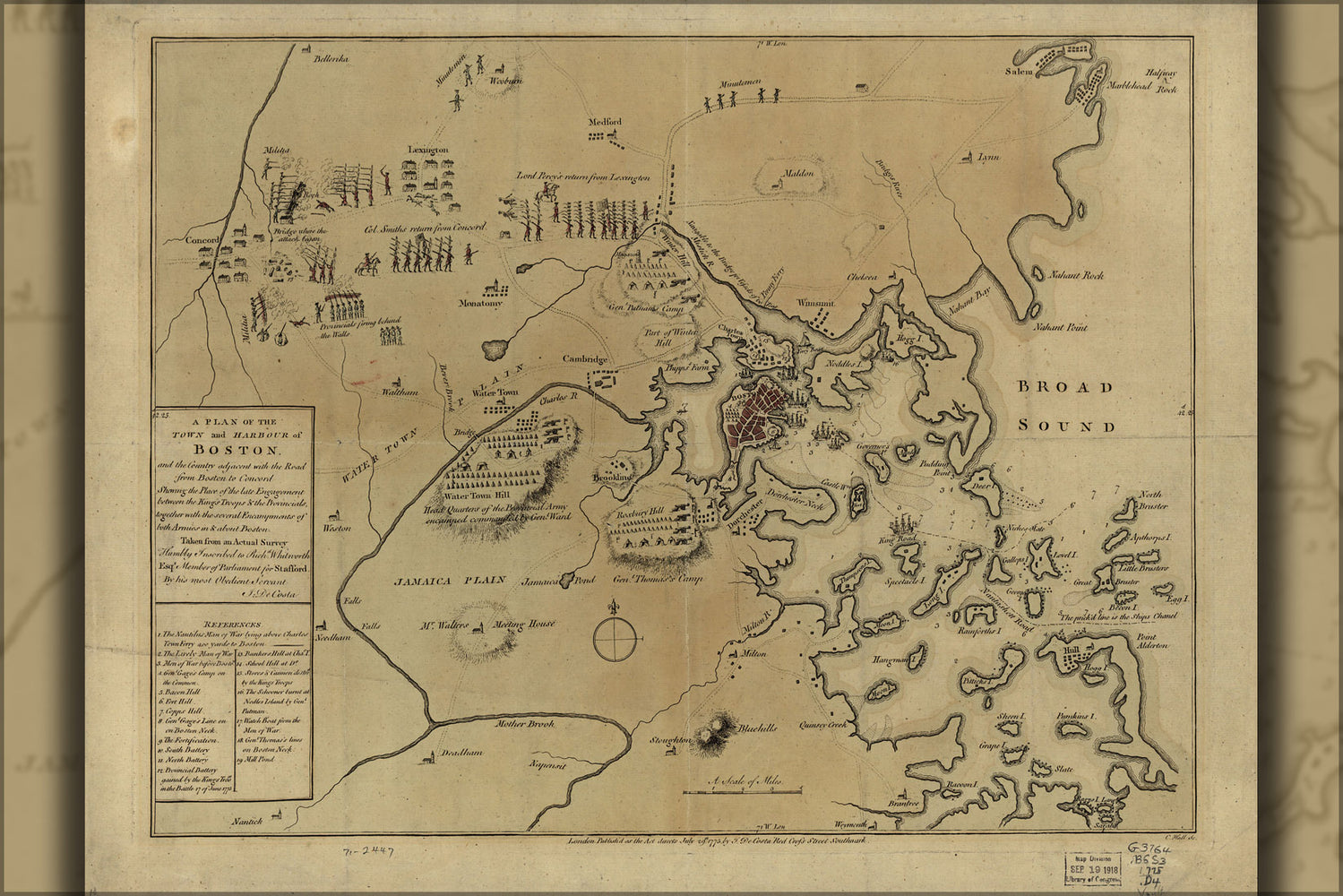 24"x36" Gallery Poster, map of 1775 Battle of Lexington Concord and Siege of Boston