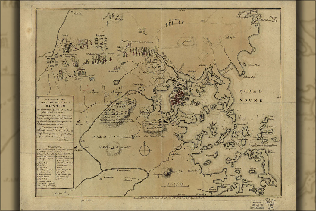 24"x36" Gallery Poster, map of 1775 Battle of Lexington Concord and Siege of Boston