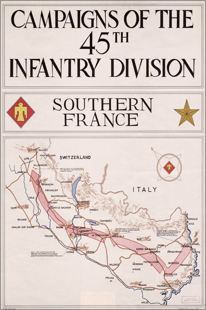 24"x36" Gallery Poster, map of 45th Infantry Division s france 1945