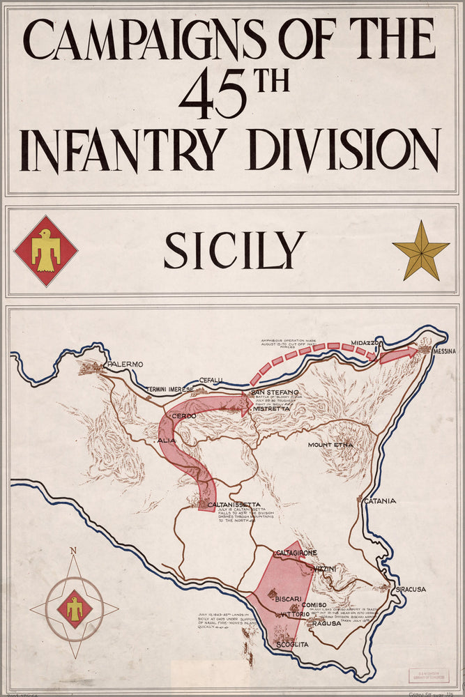 24"x36" Gallery Poster, map of 45th Infantry Division sicily 1945
