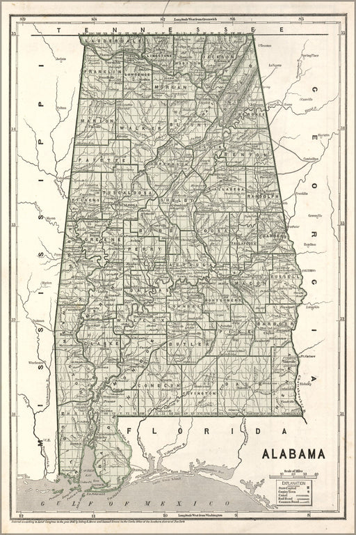 24"x36" Gallery Poster, map of Alabama 1842