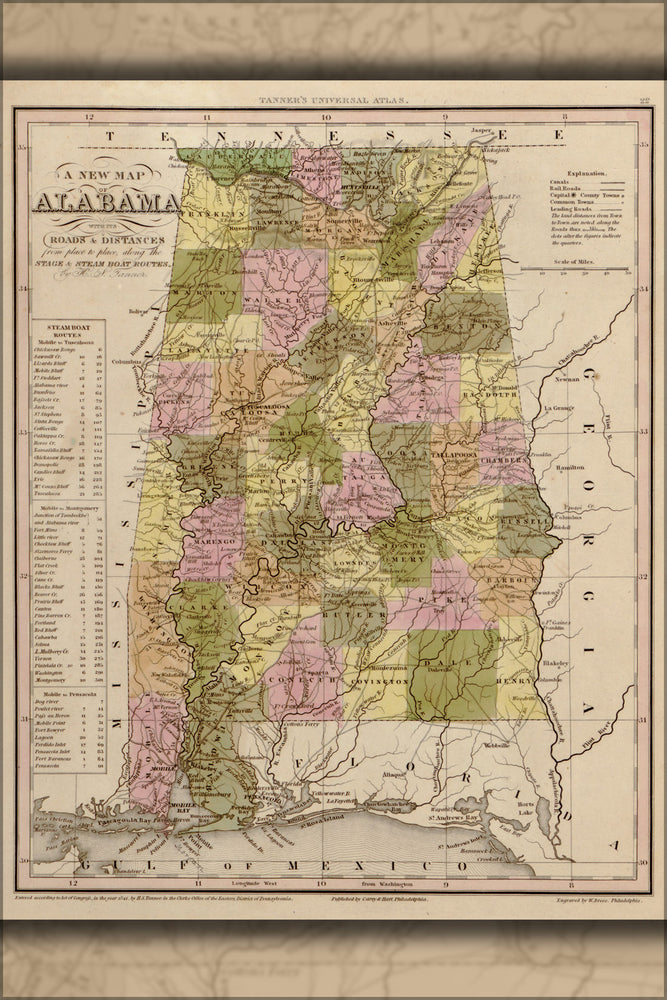 24"x36" Gallery Poster, map of Alabama 1844