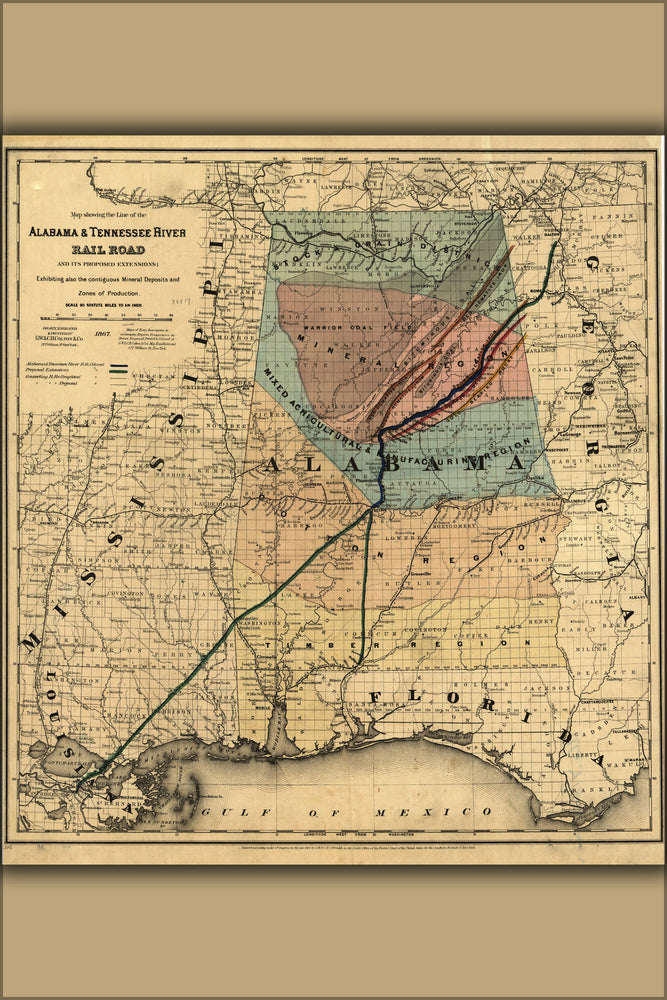 24"x36" Gallery Poster, map of Alabama & Tennessee River Railroad 1865