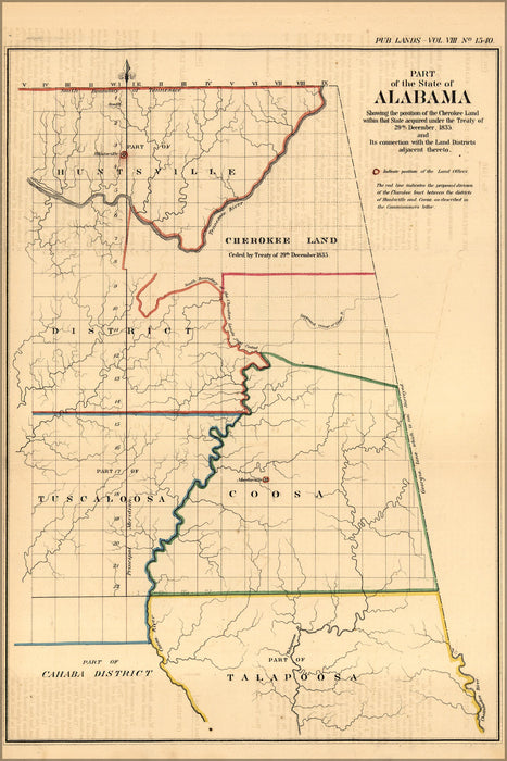 24"x36" Gallery Poster, map of Alabama showing Cherokee indian land, 1835