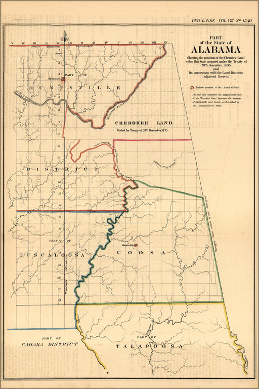 24"x36" Gallery Poster, map of Alabama showing Cherokee indian land, 1835
