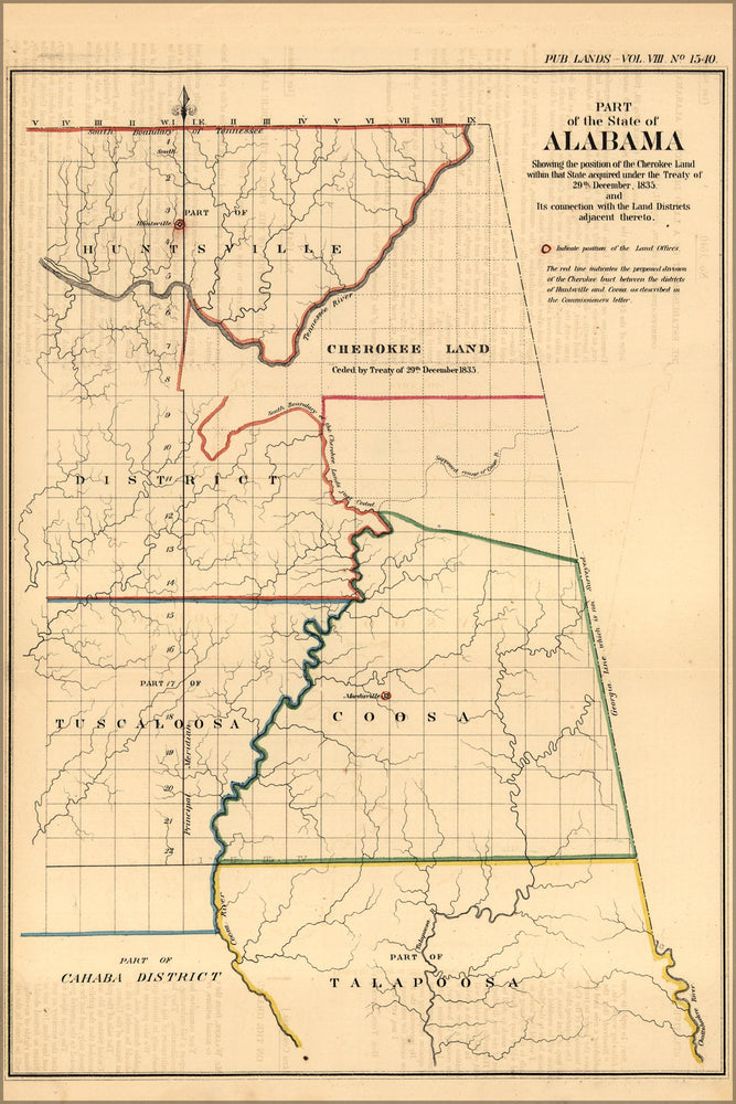 24"x36" Gallery Poster, map of Alabama showing Cherokee indian land, 1835