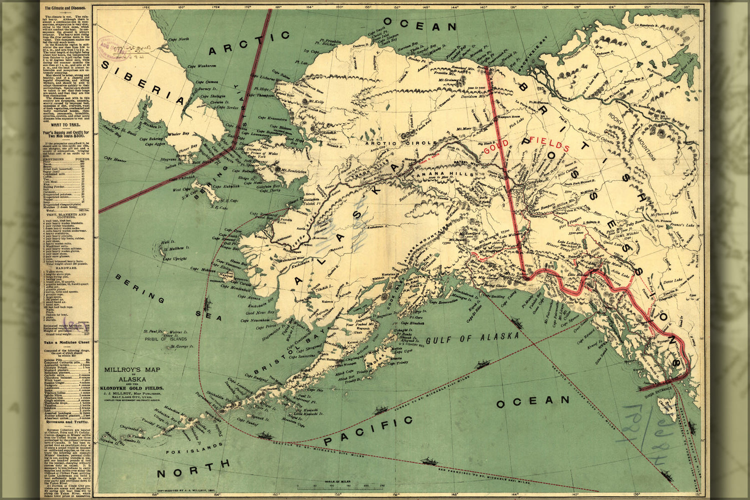 24"x36" Gallery Poster, map of Alaska and the Klondyke gold fields 1897