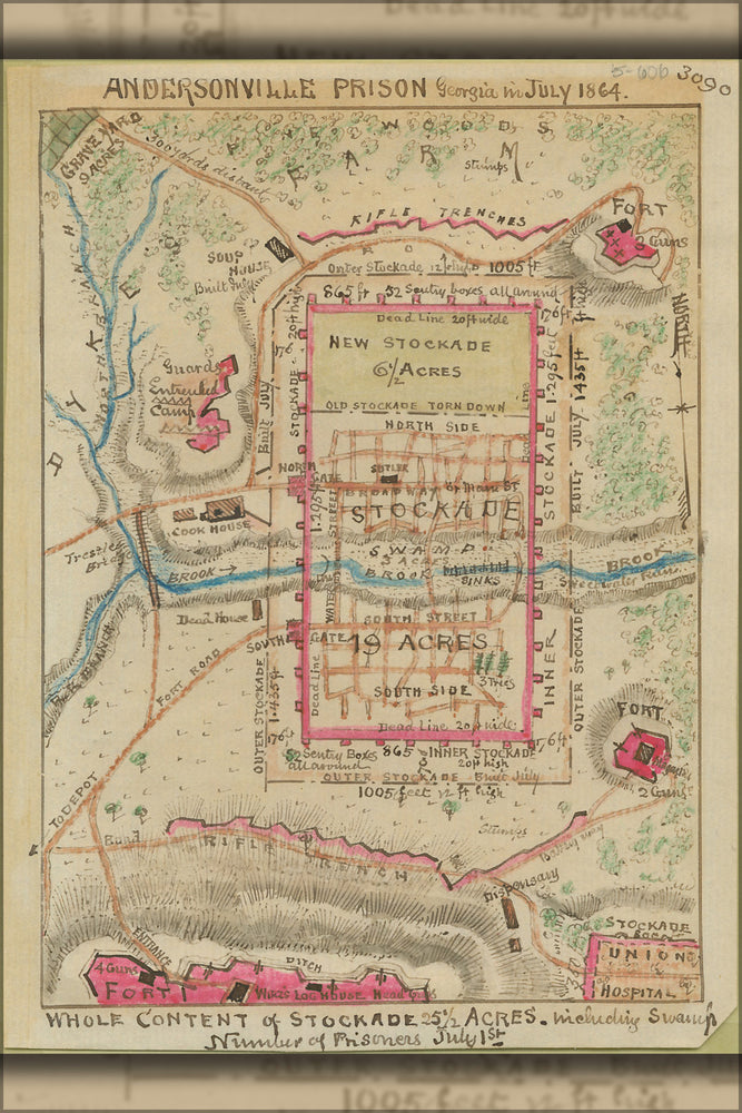 24"x36" Gallery Poster, map of Andersonville Prison, Georgia in July 1864