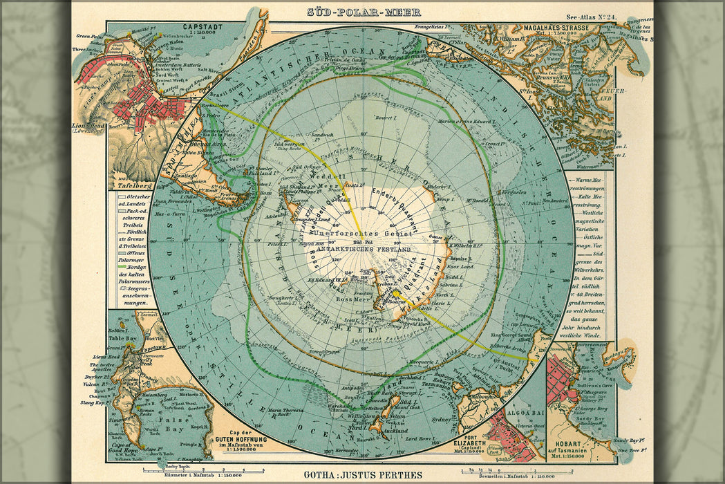 24"x36" Gallery Poster, map of Antarctica, from Justhus Perthes Atlas 1906