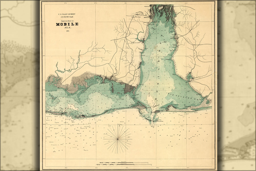 24"x36" Gallery Poster, map of Approaches to Mobile, Alabama 1864