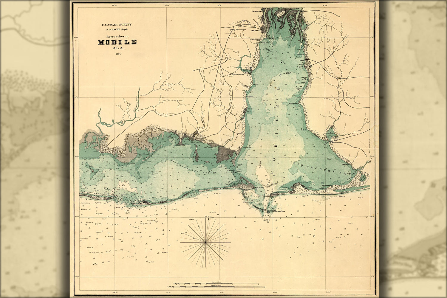 24"x36" Gallery Poster, map of Approaches to Mobile, Alabama 1864