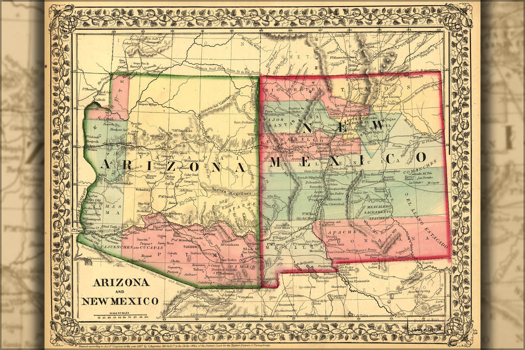 24"x36" Gallery Poster, map of Arizona and New Mexico 1867