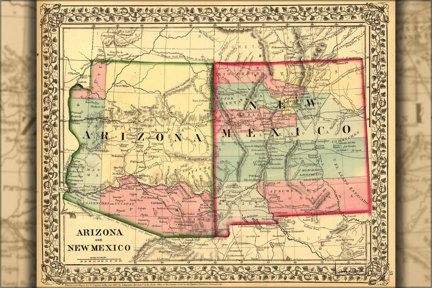 24"x36" Gallery Poster, map of Arizona and New Mexico 1867