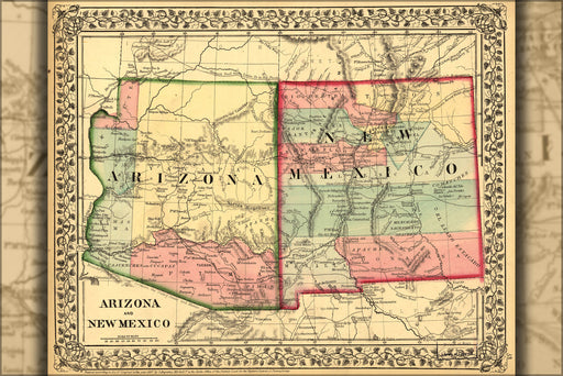 24"x36" Gallery Poster, map of Arizona and New Mexico 1867