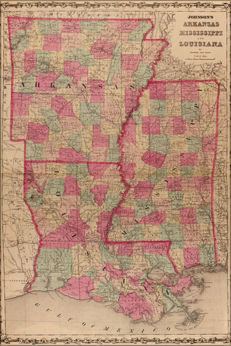 24"x36" Gallery Poster, map of Arkansas, Mississippi, and Louisiana 1862