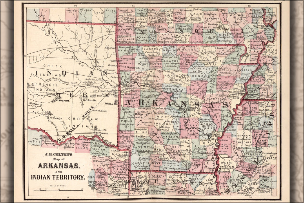 24"x36" Gallery Poster, map of Arkansas & Indian Territory oklahoma 1863