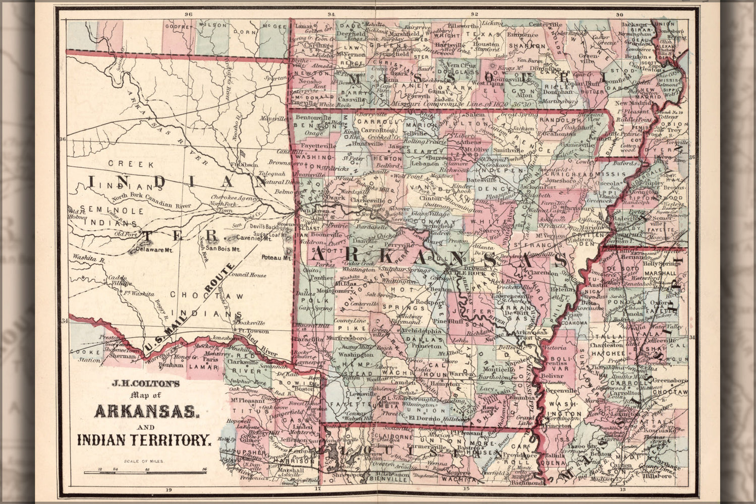24"x36" Gallery Poster, map of Arkansas & Indian Territory oklahoma 1863