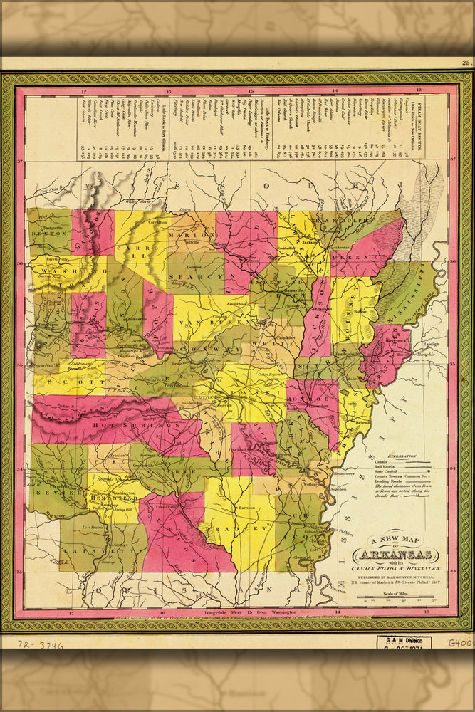 24"x36" Gallery Poster, map of Arkansas canals roads & distances 1847