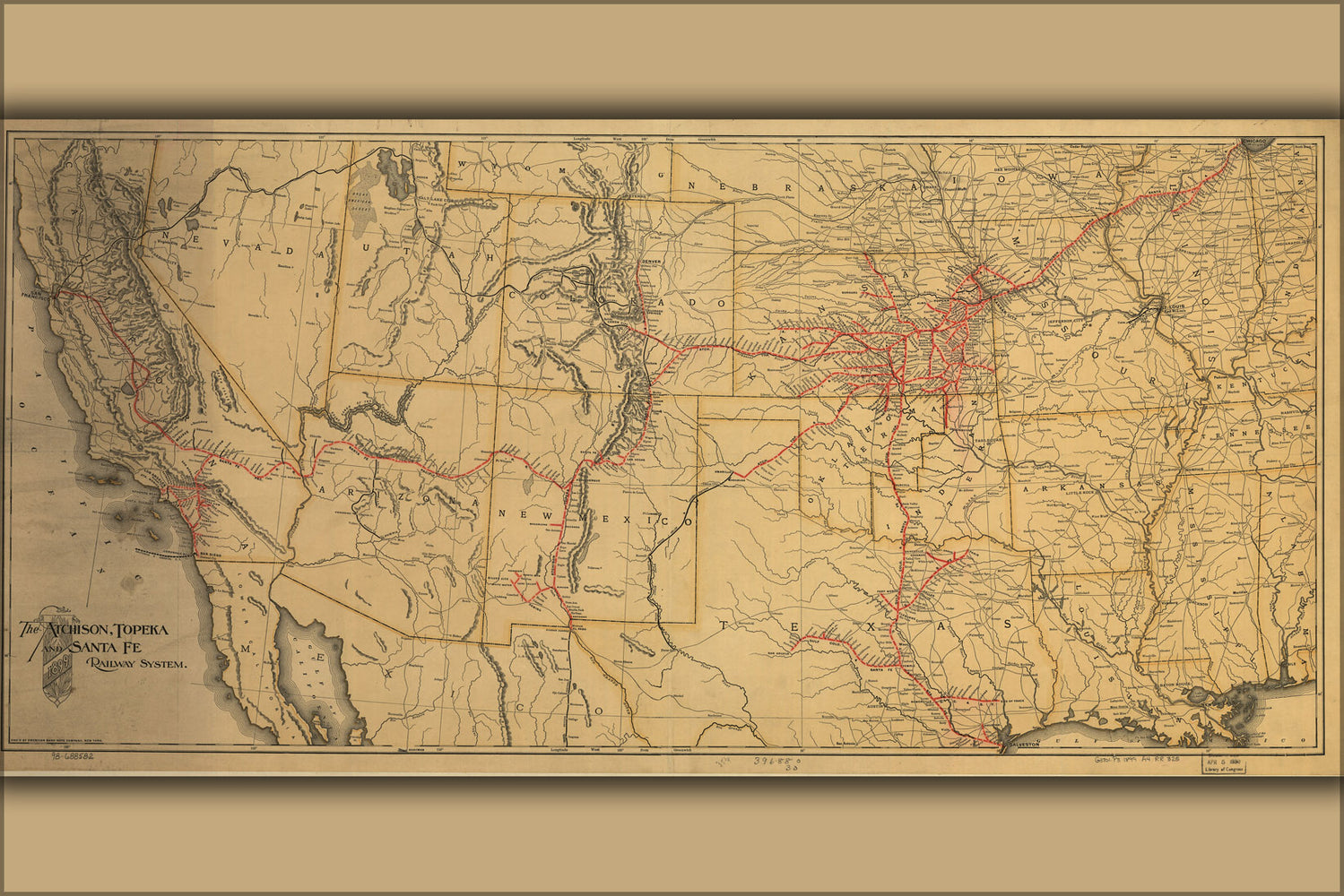 24"x36" Gallery Poster, map of Atchison, Topeka and the Santa Fe railroad system, 1899