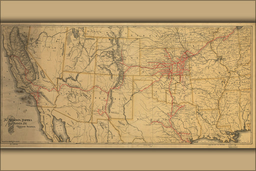 24"x36" Gallery Poster, map of Atchison, Topeka and the Santa Fe railroad system, 1899