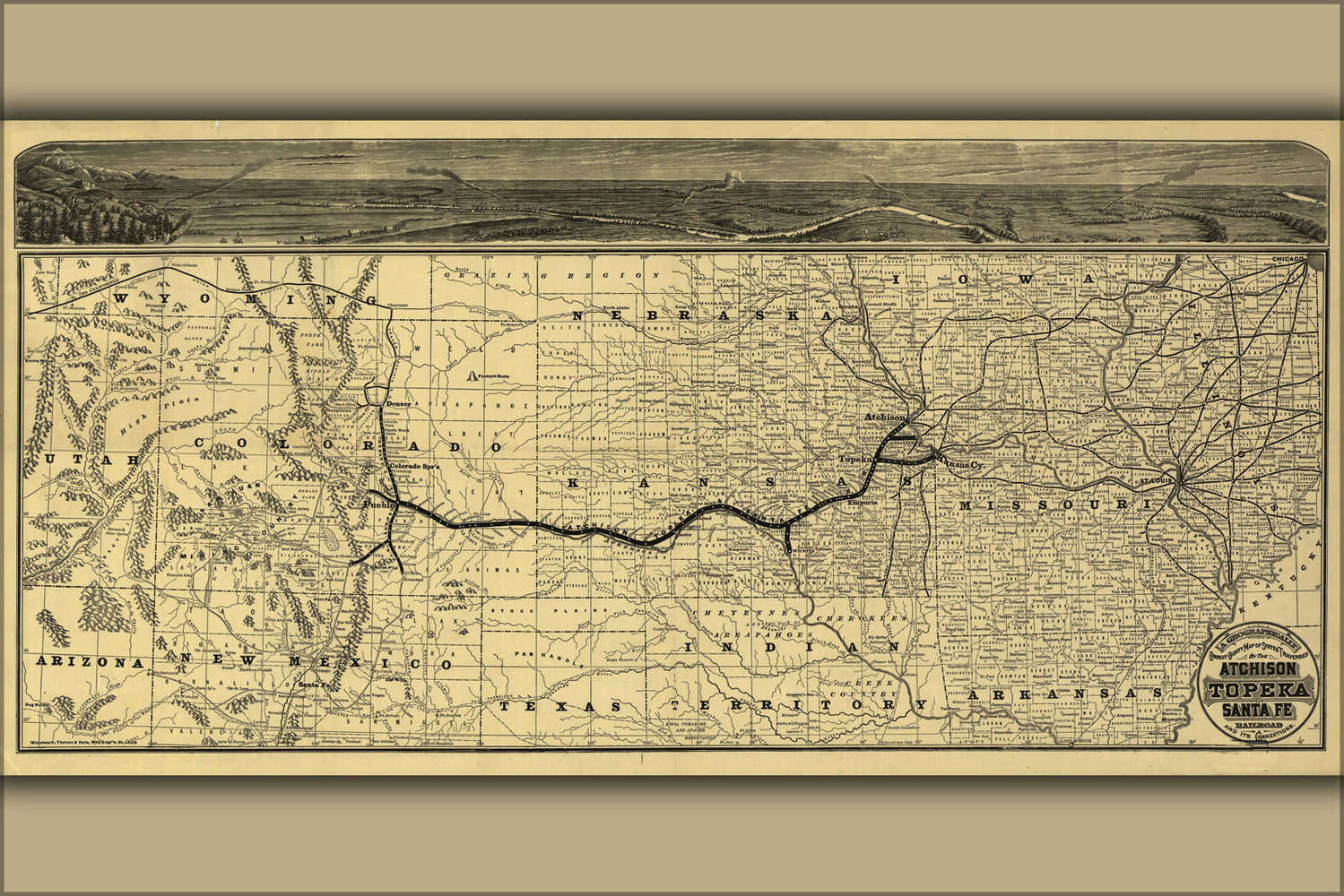 24"x36" Gallery Poster, map of Atchison Topeka and the Santa Fe Railroad 1880