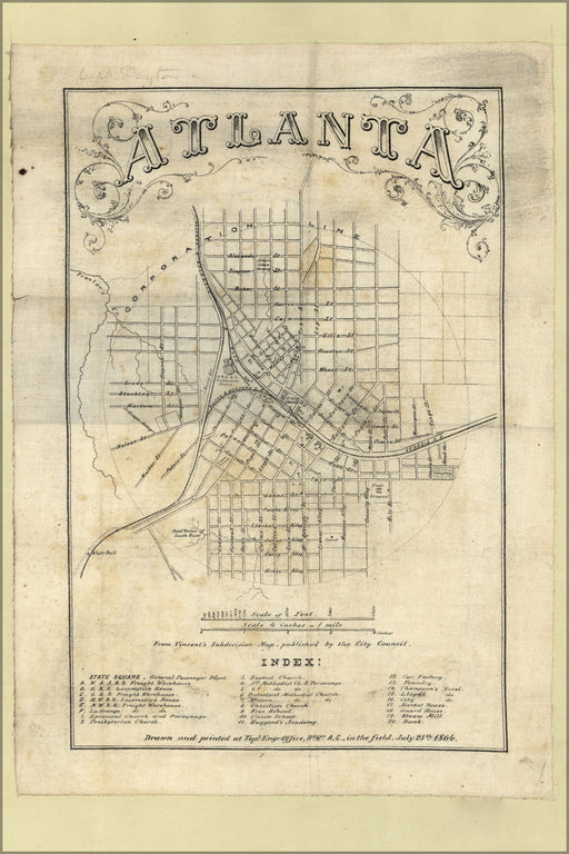 24"x36" Gallery Poster, map of Atlanta georgia subdivision map 1864