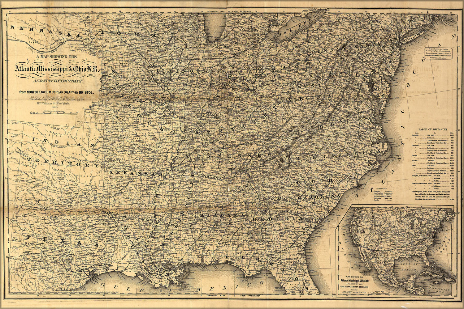 24"x36" Gallery Poster, map of Atlantic Mississippi & Ohio Railroad 1867