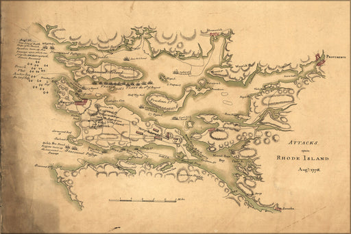 24"x36" Gallery Poster, map of Attacks upon Rhode Island, Augt. 1778