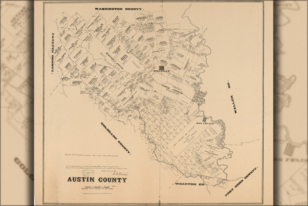24"x36" Gallery Poster, map of Austin County texas 1880