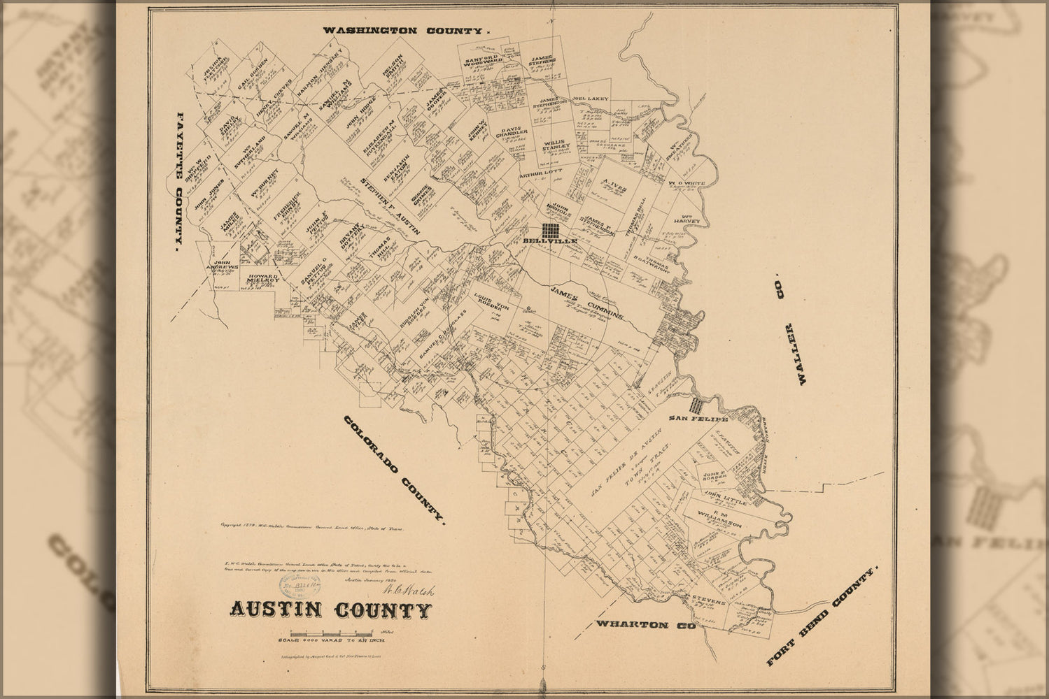 24"x36" Gallery Poster, map of Austin County texas 1880