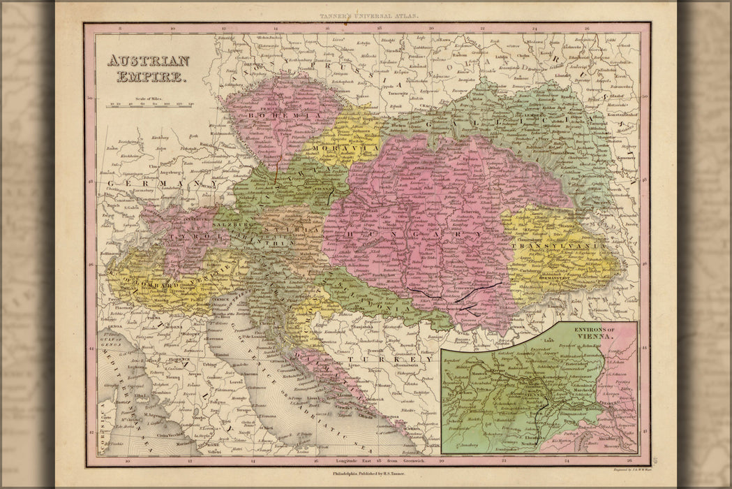 24"x36" Gallery Poster, map of Austrian Empire 1844 austria