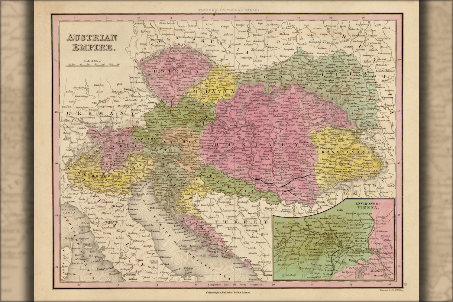 24"x36" Gallery Poster, map of Austrian Empire 1844 austria