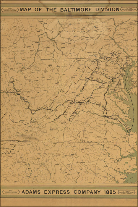 24"x36" Gallery Poster, map of Baltimore Division Adams Express, Virginia & maryland 1885