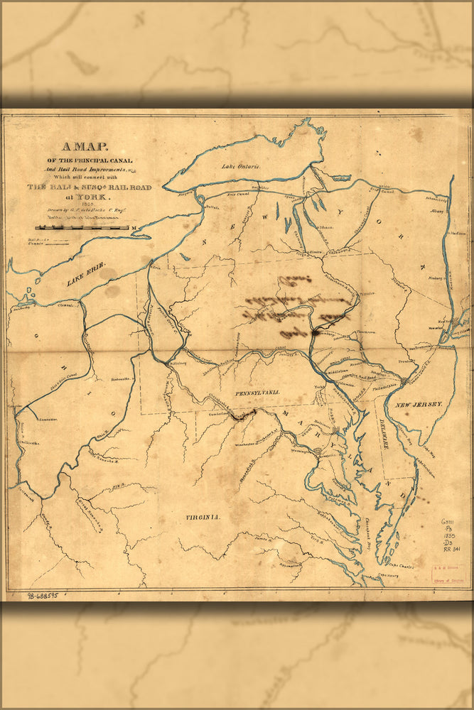 24"x36" Gallery Poster, map of Baltimore and Susquehanna Railroad 1835