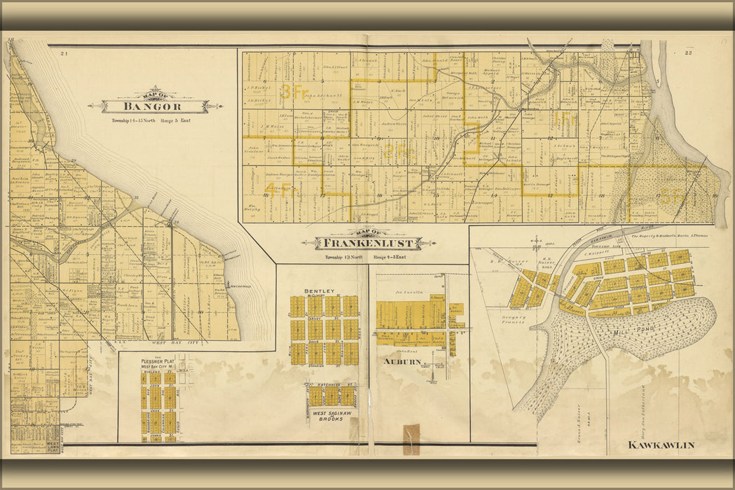 24"x36" Gallery Poster, map of Bangor Frankenlust Kawkawlin michigan 1896