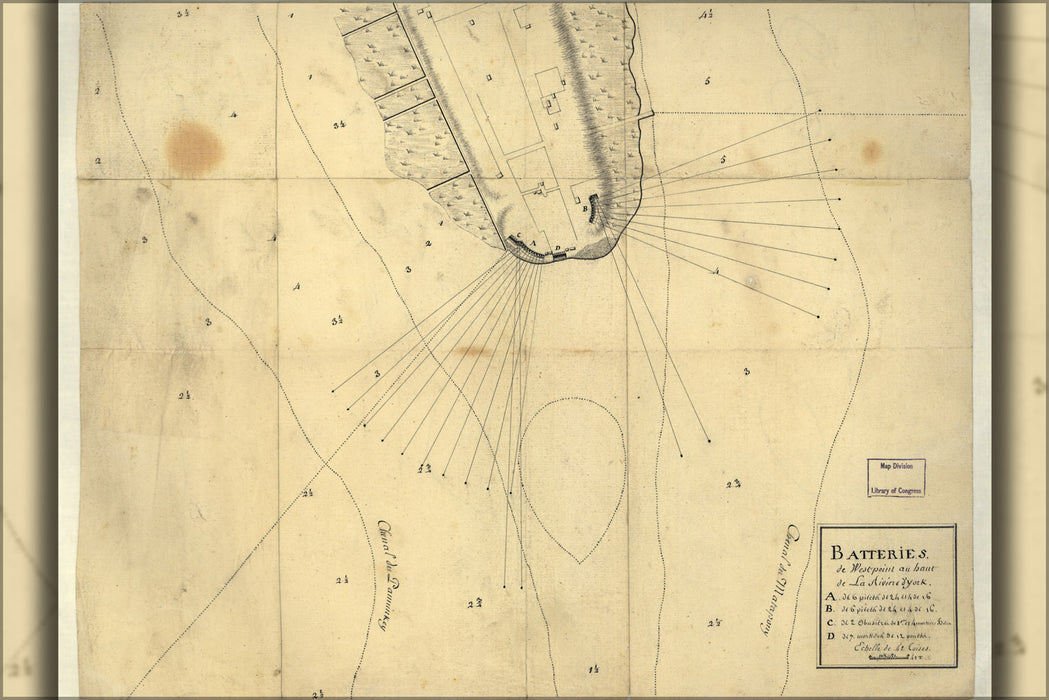 24"x36" Gallery Poster, map of Batteries at West point New York 1781