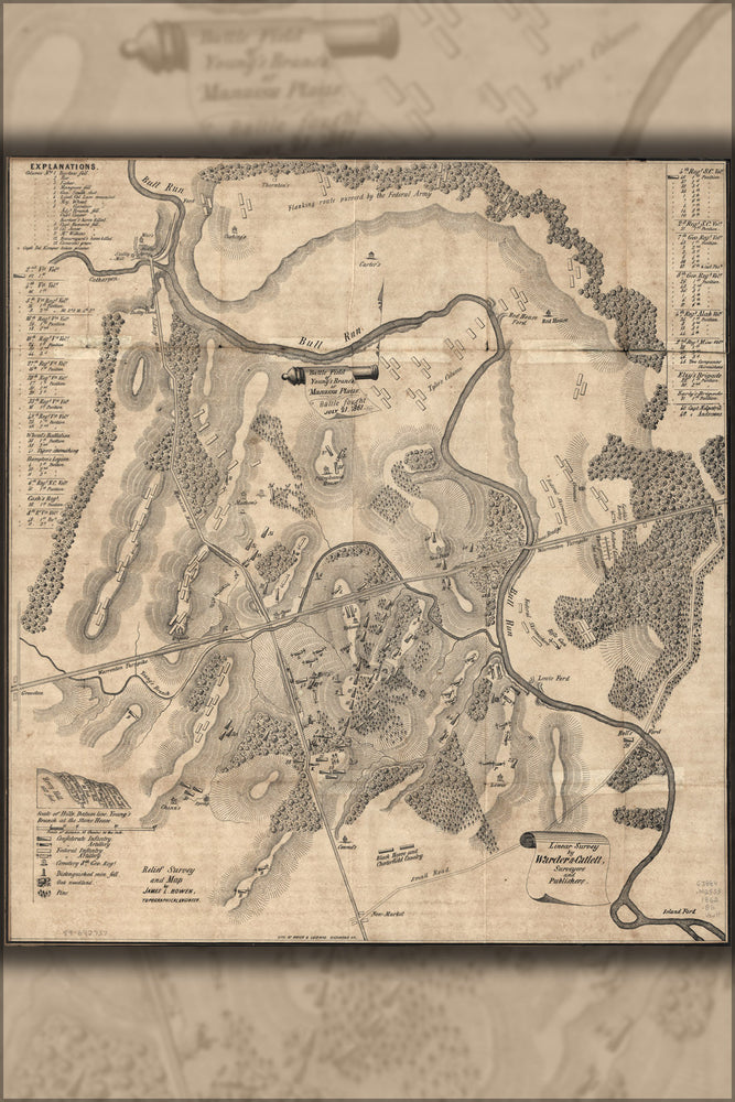 24"x36" Gallery Poster, map of Battle field of Manassas, July 21, 1861