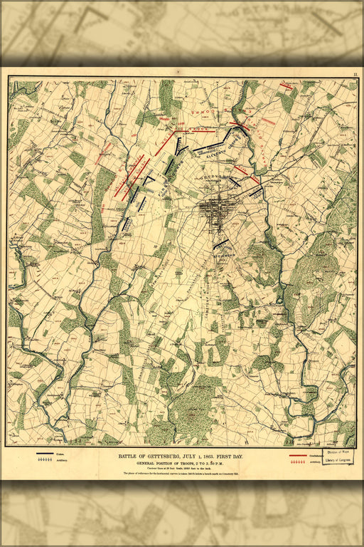 24"x36" Gallery Poster, map of Battle of Gettysburg, July 1, 1863 2 to 3.30 p.m