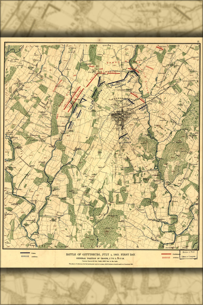 24"x36" Gallery Poster, map of Battle of Gettysburg, July 1, 1863 2 to 3.30 p.m