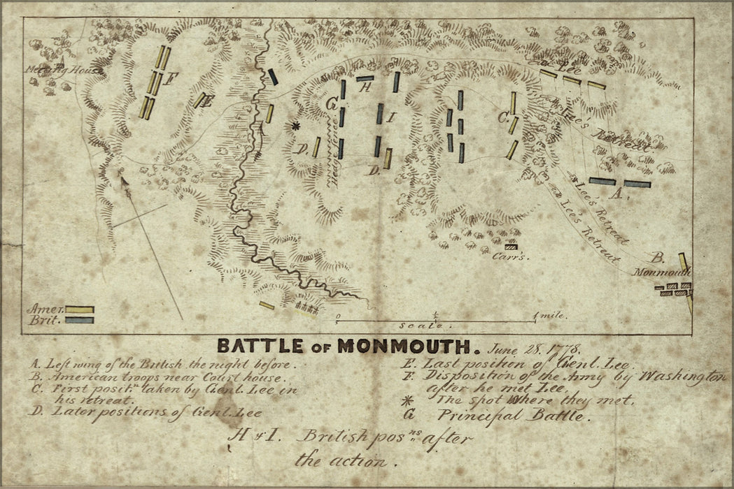 24"x36" Gallery Poster, map of Battle of Monmouth, June 28, 1778
