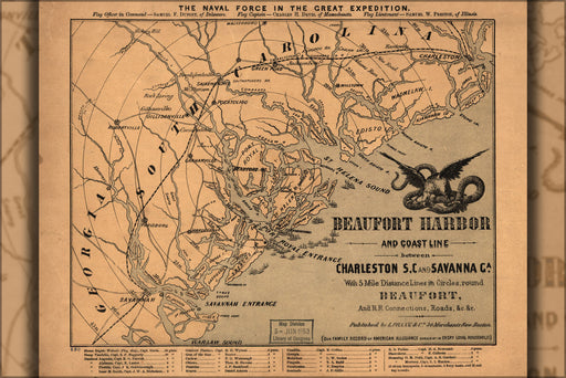 24"x36" Gallery Poster, map of Beaufort Harbor between Charleston & Savannah 1861