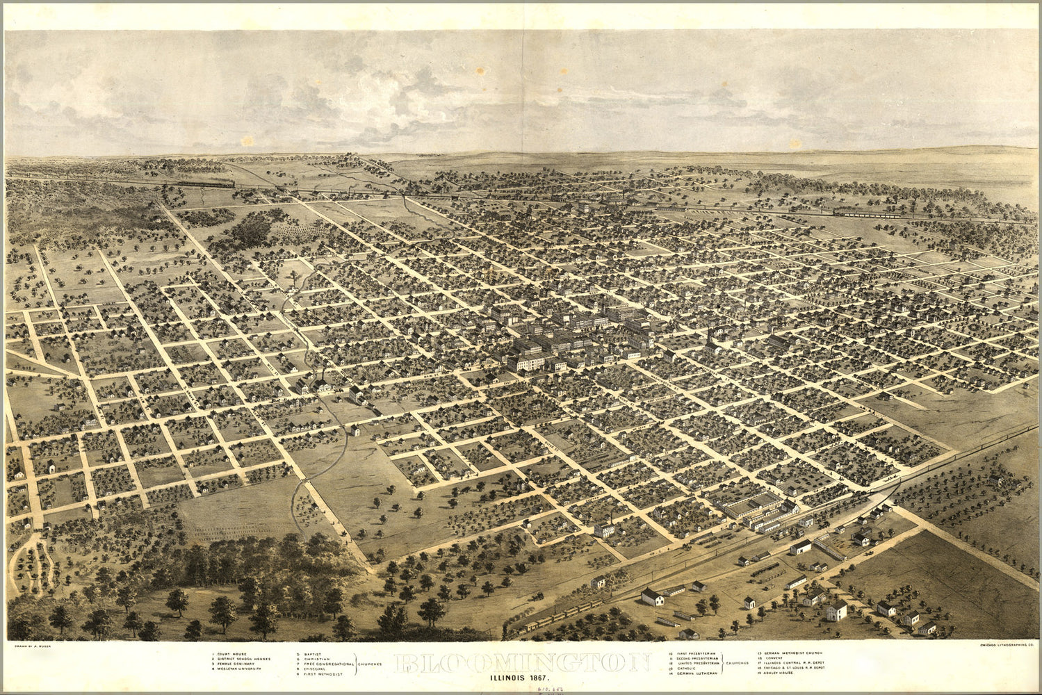24"x36" Gallery Poster, map of Bloomington, Illinois 1867