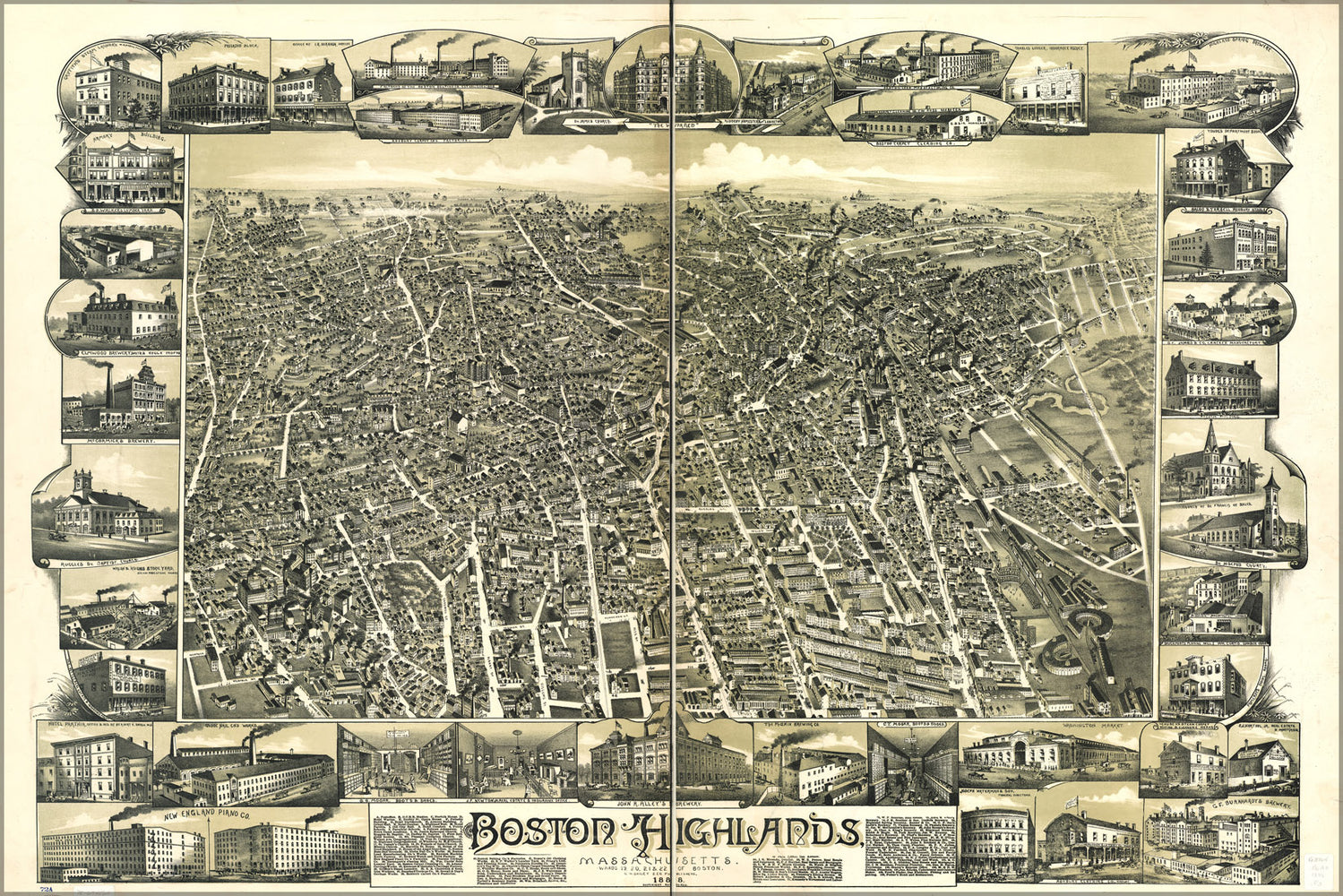 24"x36" Gallery Poster, map of Boston Highlands, Massachusetts 1888