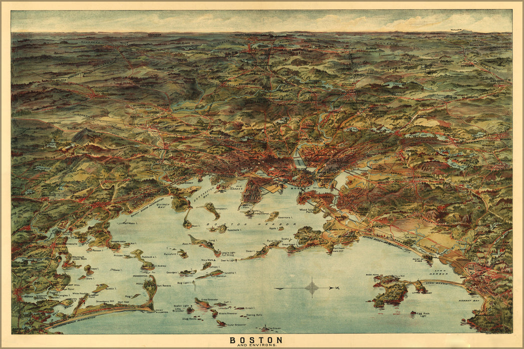 24"x36" Gallery Poster, map of Boston and environs 1905