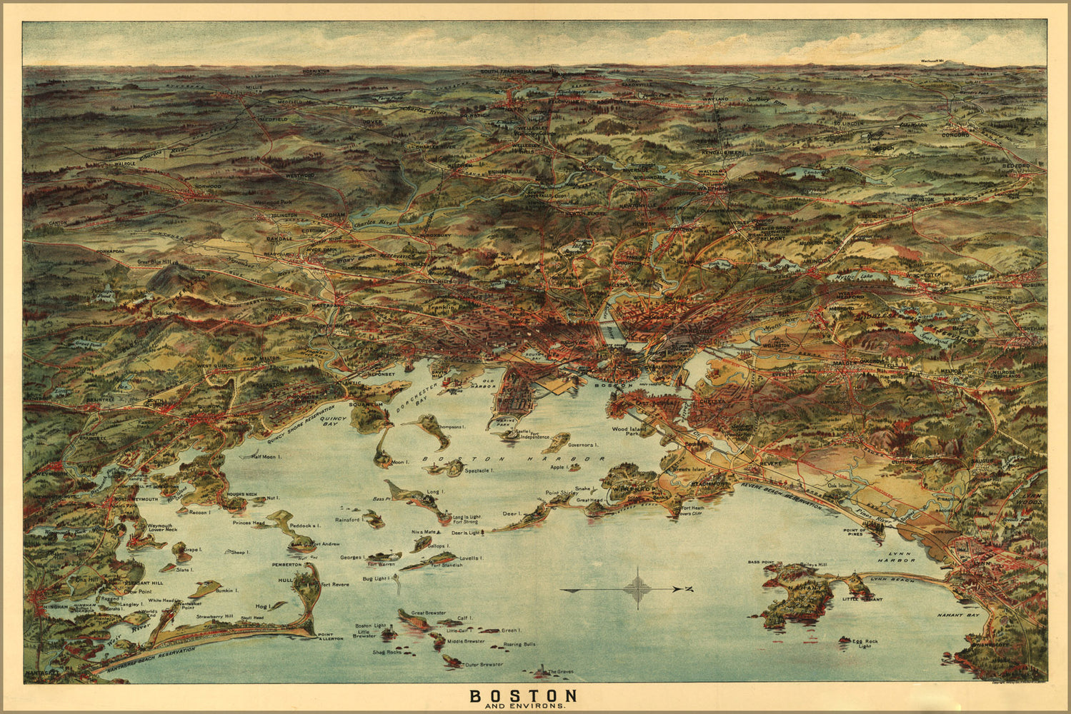 24"x36" Gallery Poster, map of Boston and environs 1905