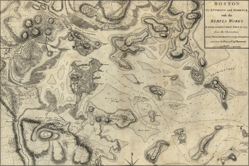 24"x36" Gallery Poster, map of Boston its Environs & Rebel Works 1777