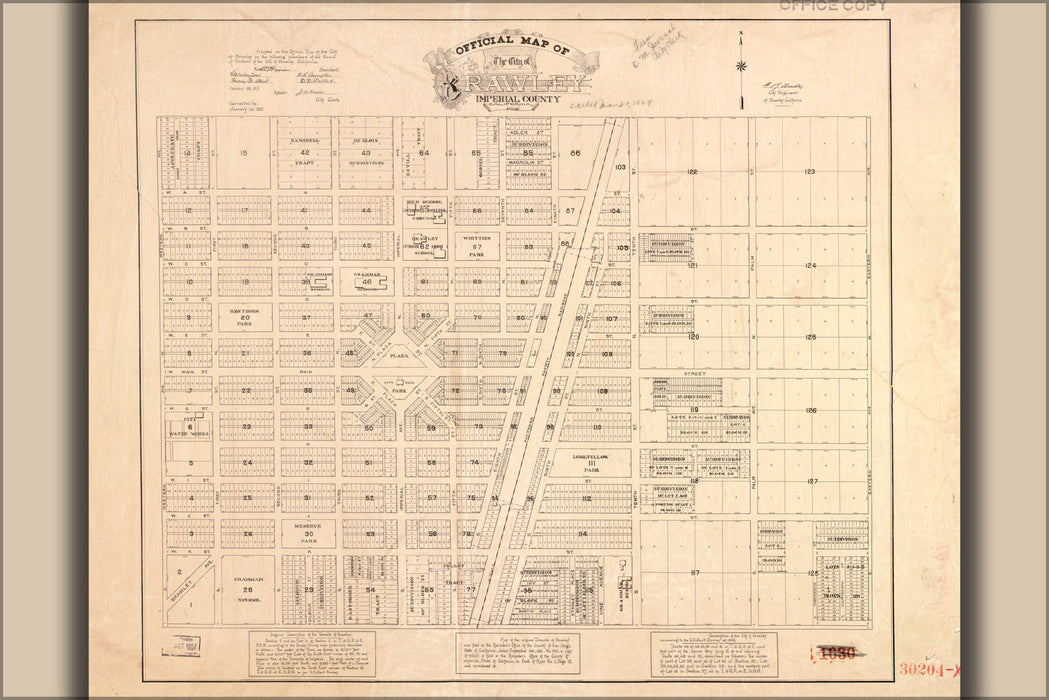 24"x36" Gallery Poster, map of Brawley, Imperial County, California 1927
