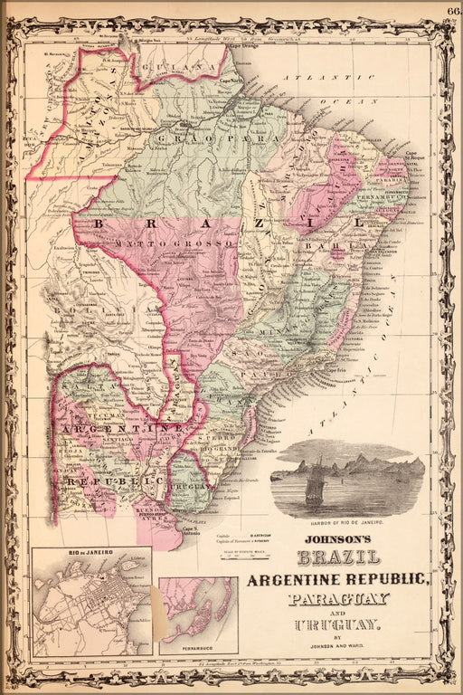 24"x36" Gallery Poster, map of Brazil, Argentina, Paraguay, Uruguay 1862